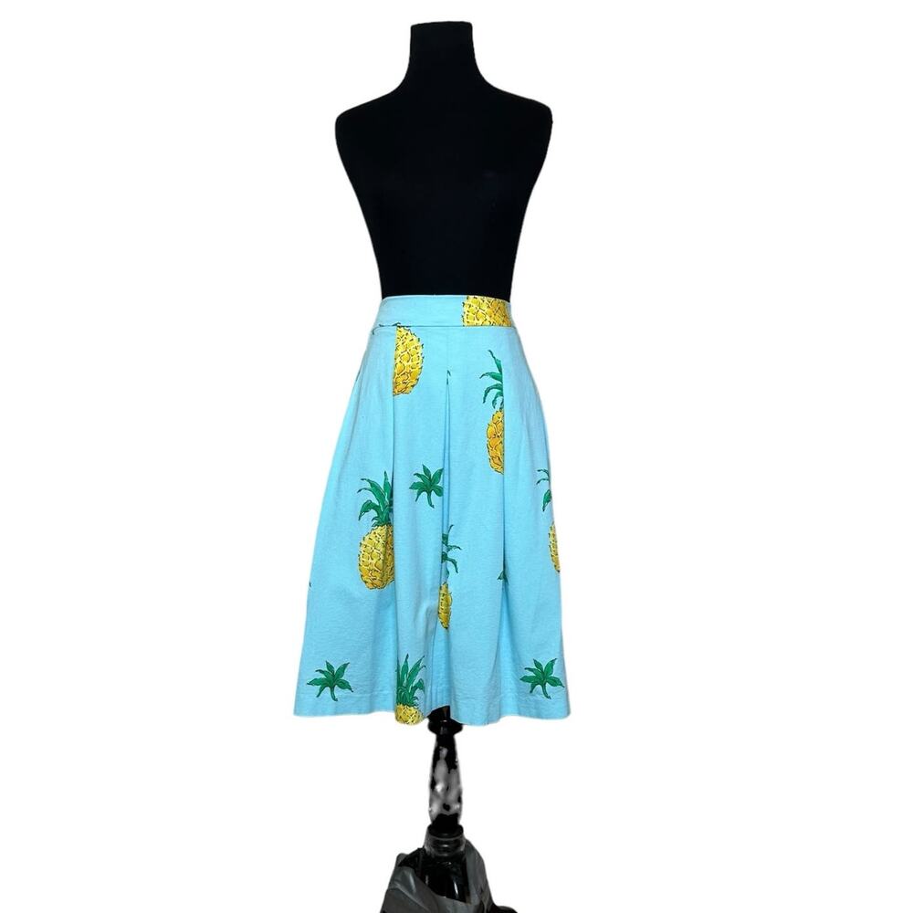 Talbots blue yellow pineapple print pleated midi skirt size 8